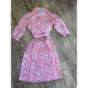 Kevin Stuart Long Sleeve Pleat Skirt vintag Floral Dress Pink White Womens Sz 8